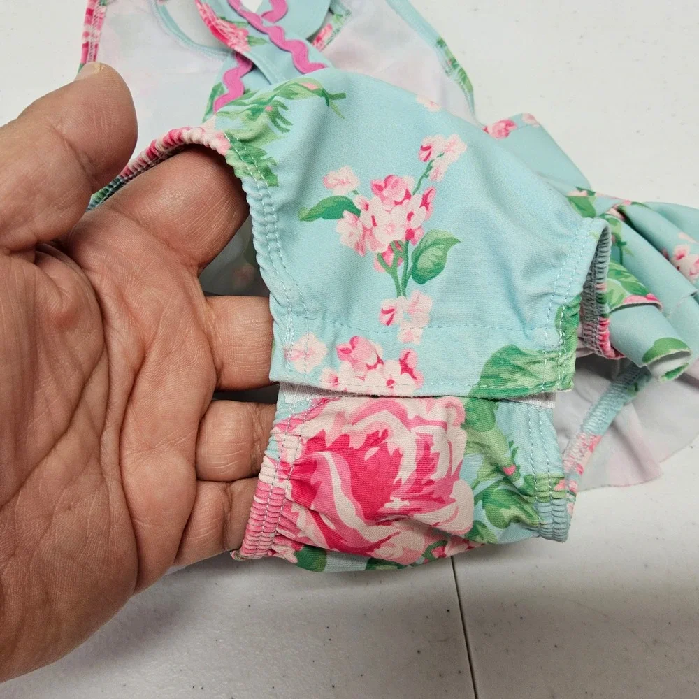 Mud‎ Pie Swimsuit Baby Girls 24M 2T Blue Floral Rose Pink Bow Ric Rac One Piece